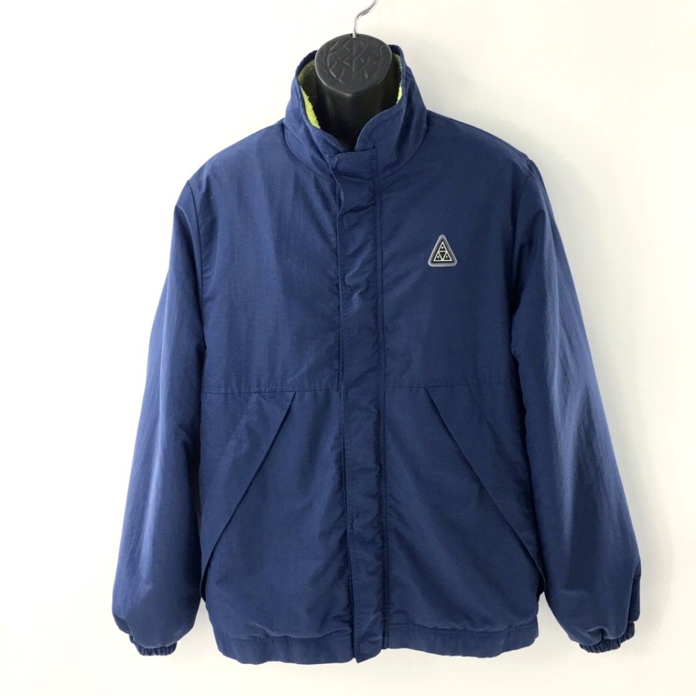 HUF Mens Bomber Jacket Blue Lime Sherpa Lined Simon Full Zip Nylon Logo Sz M